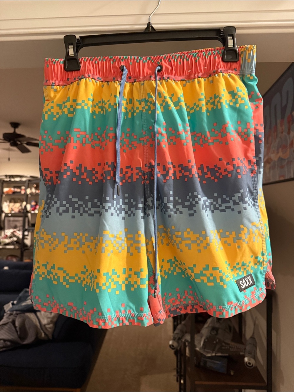Saxx Pixel Stripe Swim Shorts in Coral, Teal, Yellow & Gray